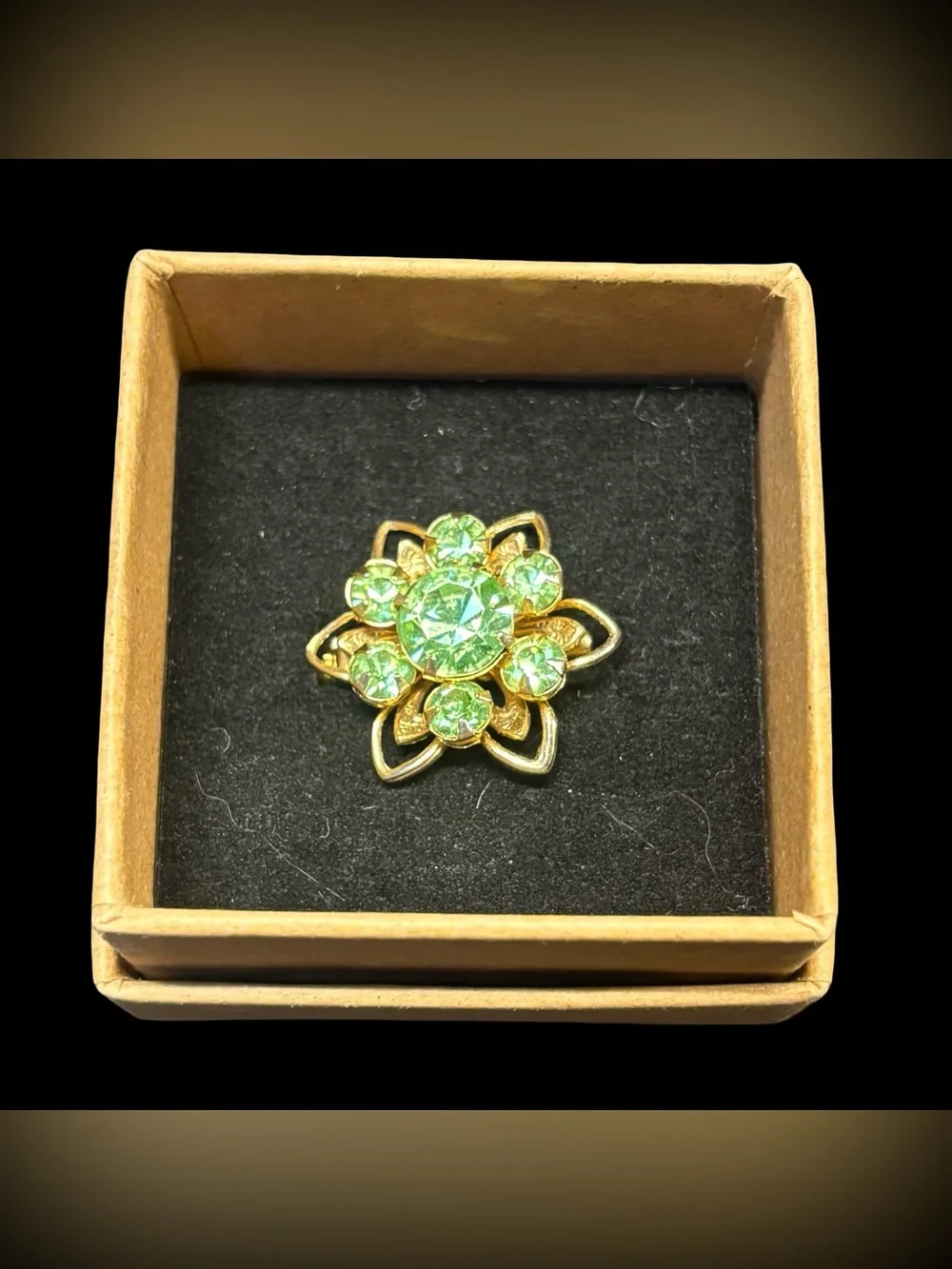 Vintage Uranium Glass Flower Brooch UV Reactive Peridot Rhinestone
